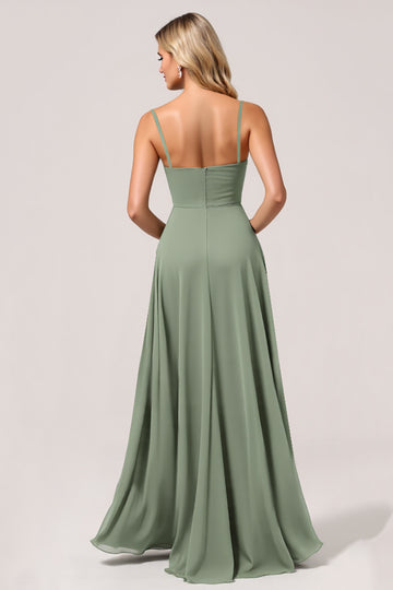 Chiffon A-Line Eucalyptus Bridesmaid Dress with Slit